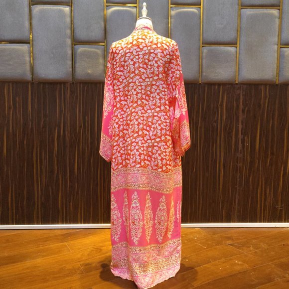 Boho PinkRed floral maxi long kimono beach coverup - Picture 3 of 4